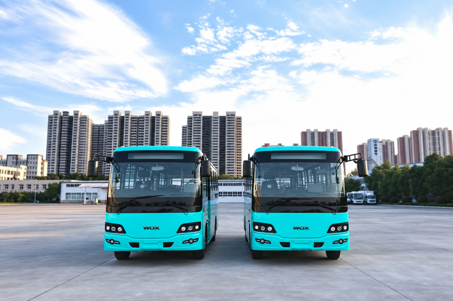 Two WOX-branded 7 m electric city buses — urban and metro-feeder configuration