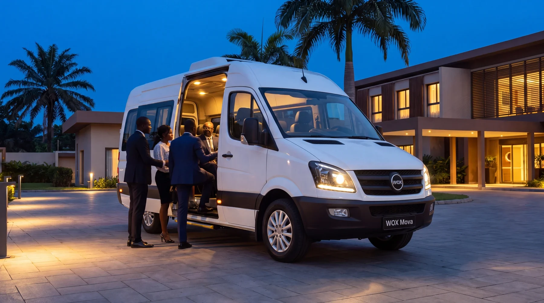 WOX MOVA minibus picking up passengers at dusk