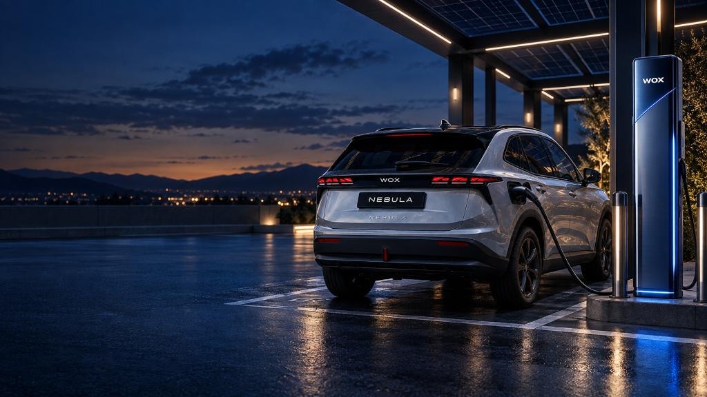 WOX Nebula charging at dusk — WOX Motor's premium electric SUV connected to a WOX fast charger