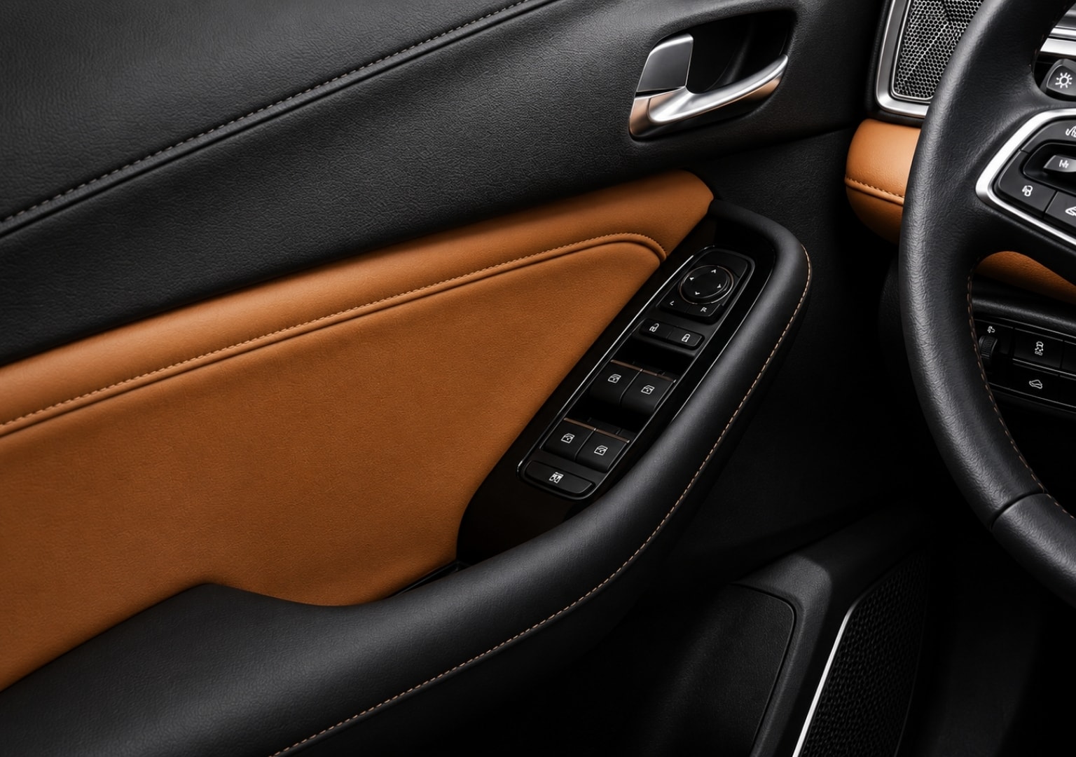 WOX NEO — driver door panel with brown leather and window controls