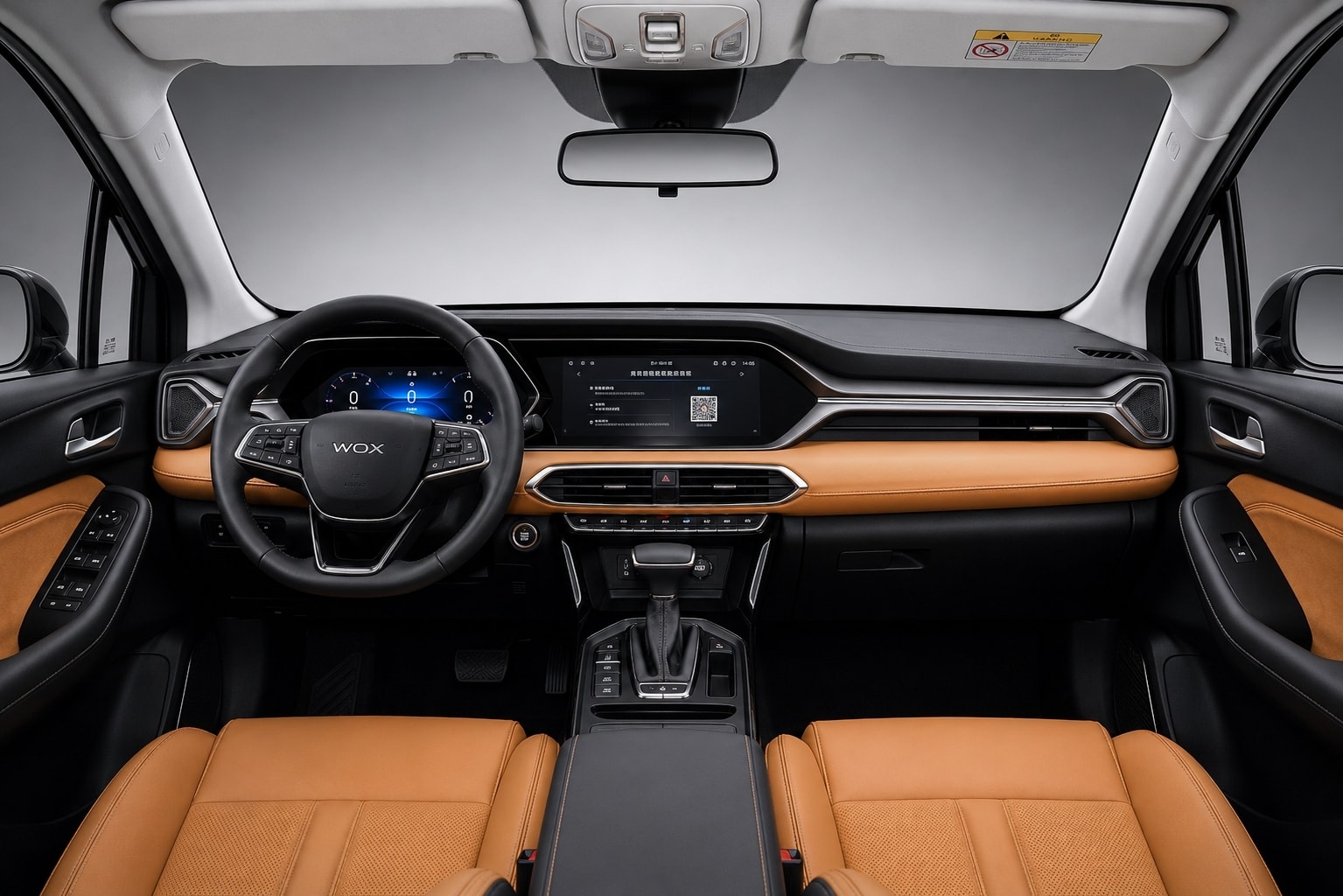 WOX NEO interior — full dashboard with dual-screen setup and brown leather