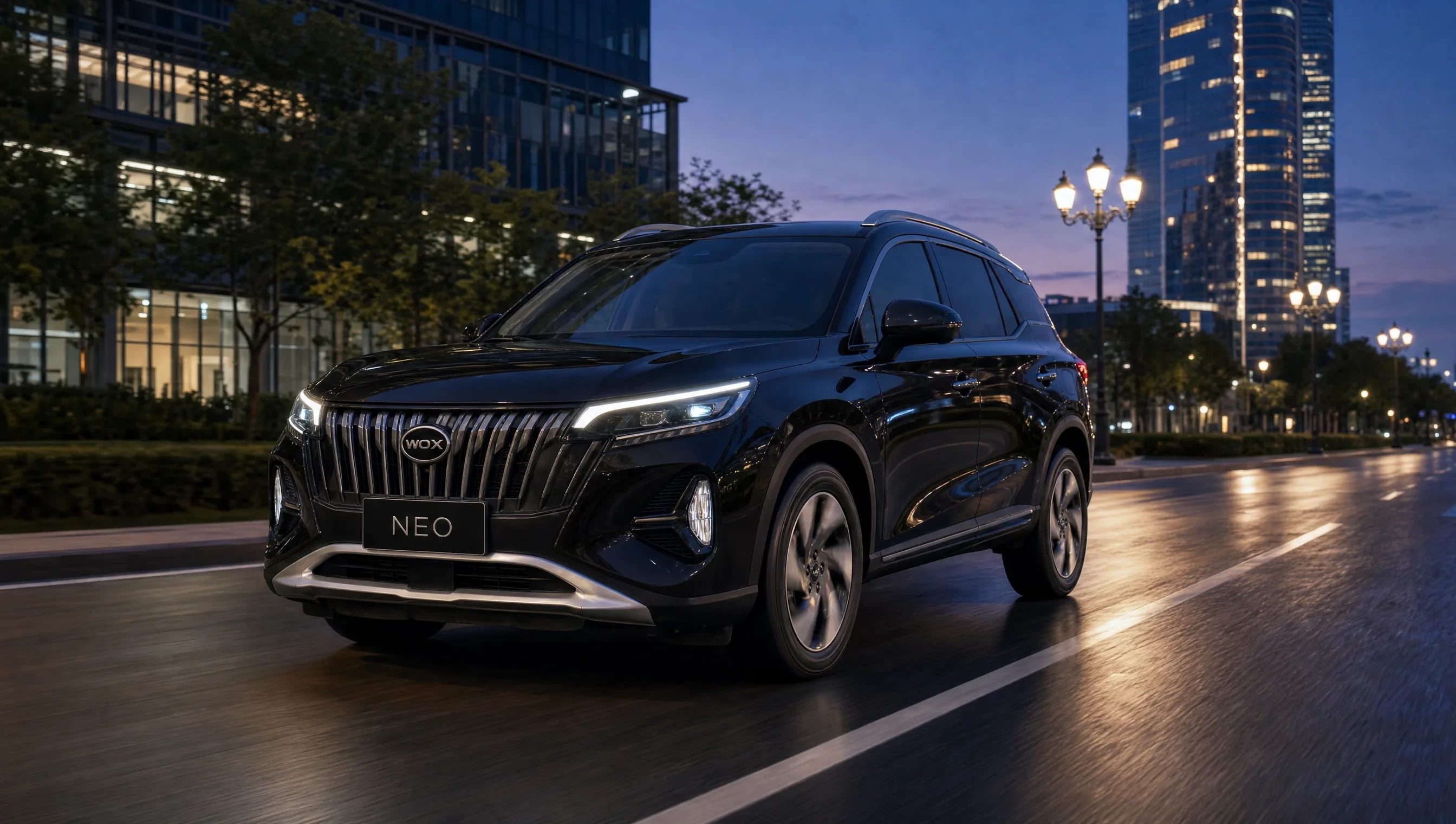 WOX NEO compact SUV in a premium urban setting