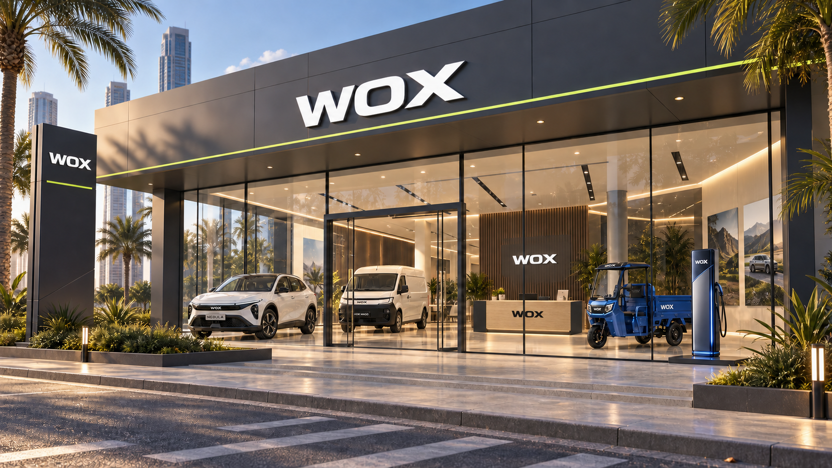 WOX Motor flagship showroom — Nairobi market entry format with WOX Nebula, Magic and Carry on display alongside a WOX fast charger