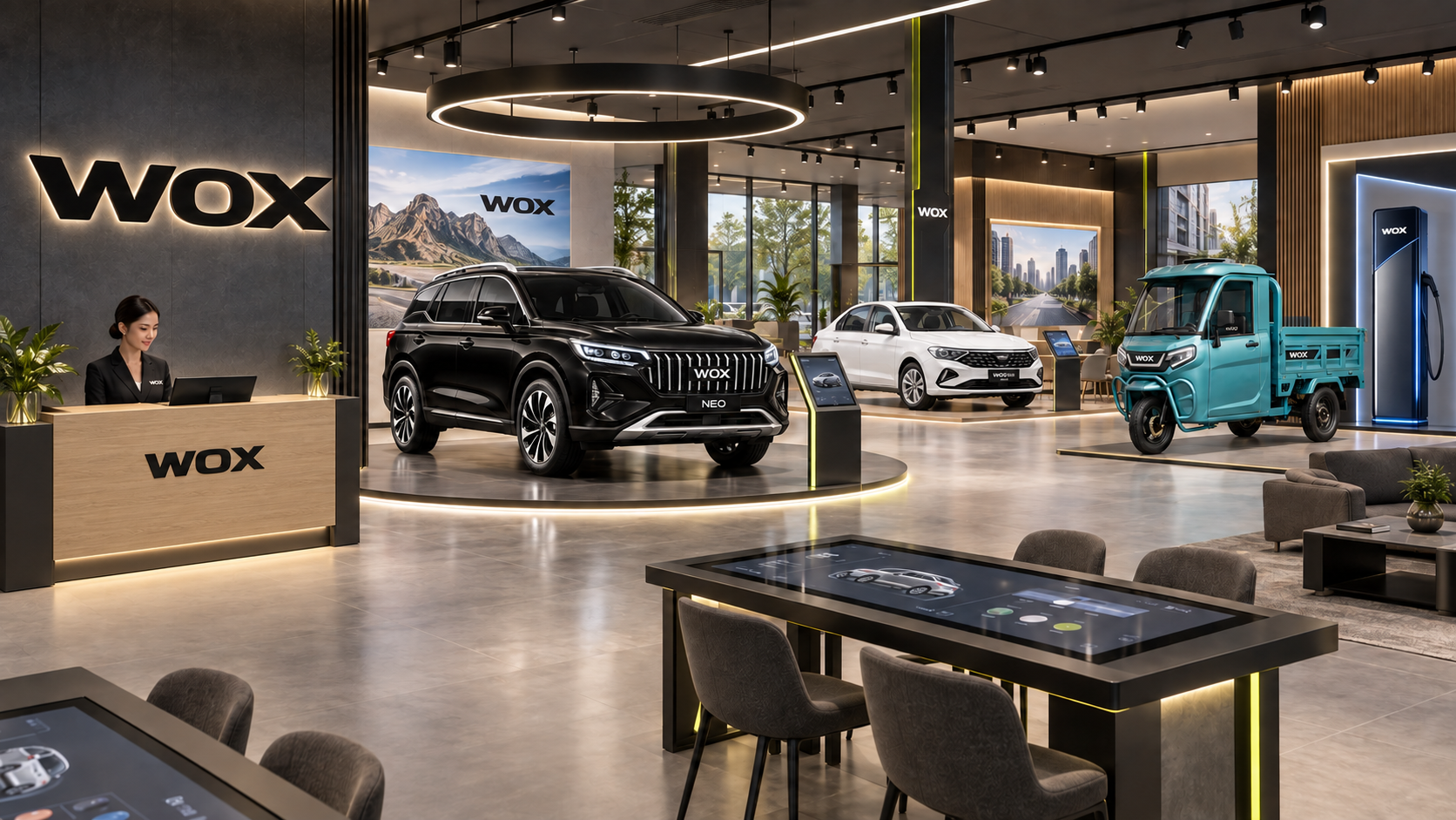 WOX Motor authorised showroom interior — multi-vehicle display with WOX Neo, Vela and Carry alongside a WOX charging station