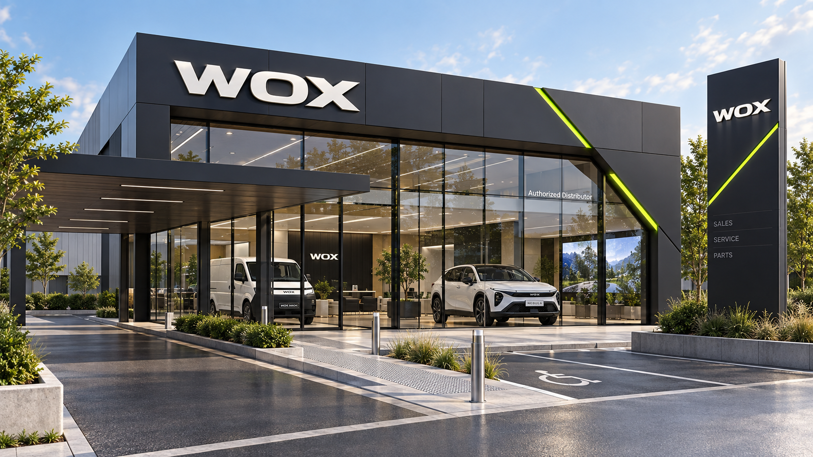 WOX Motor authorised distributor showroom — Portal format with Sales, Service and Parts — planned for Kenya