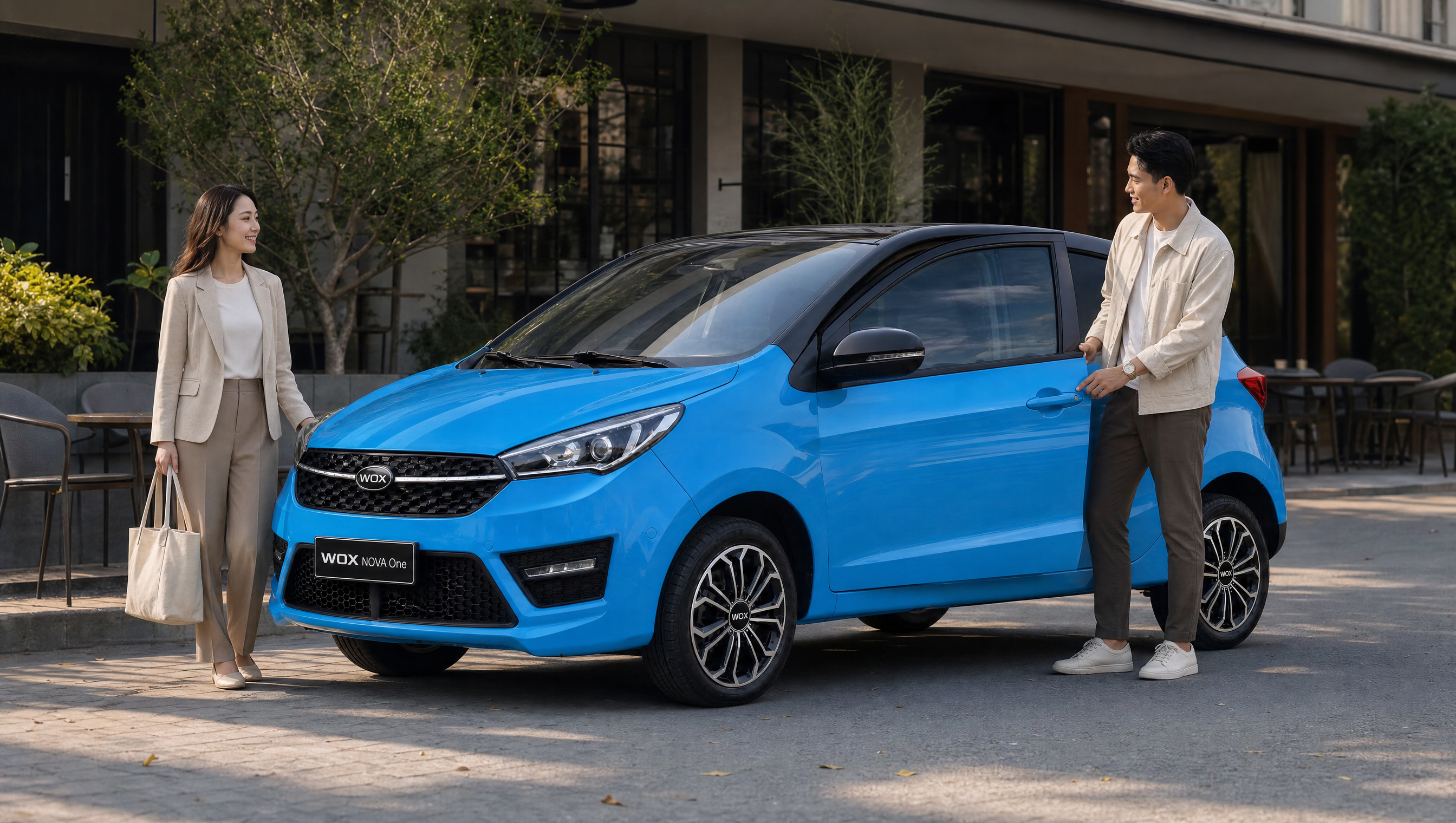 WOX NOVA One Blue — couple arriving at destination