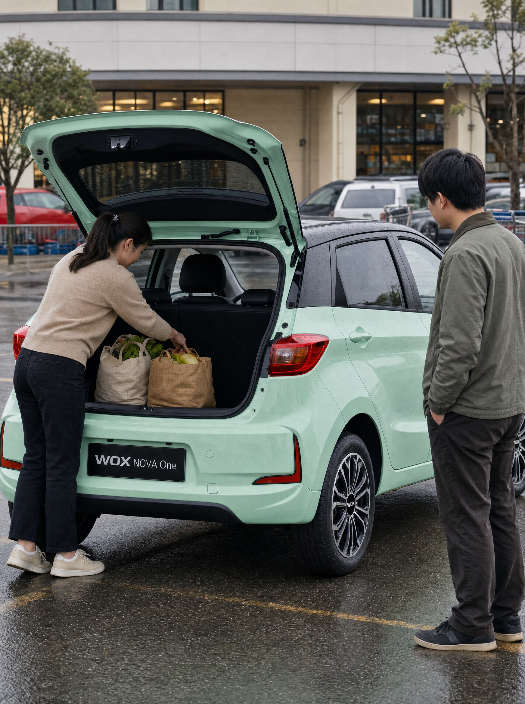 WOX NOVA One Mint Green — loading groceries into boot