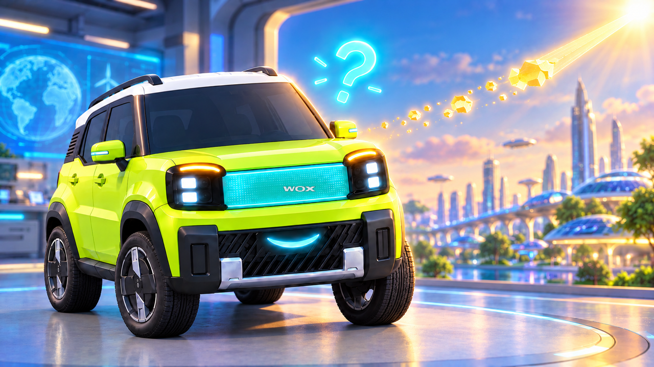 WOX World Episode 1 — Pixel the lime-green WOX vehicle in a futuristic science hub with windows showing space, nature and a digital city