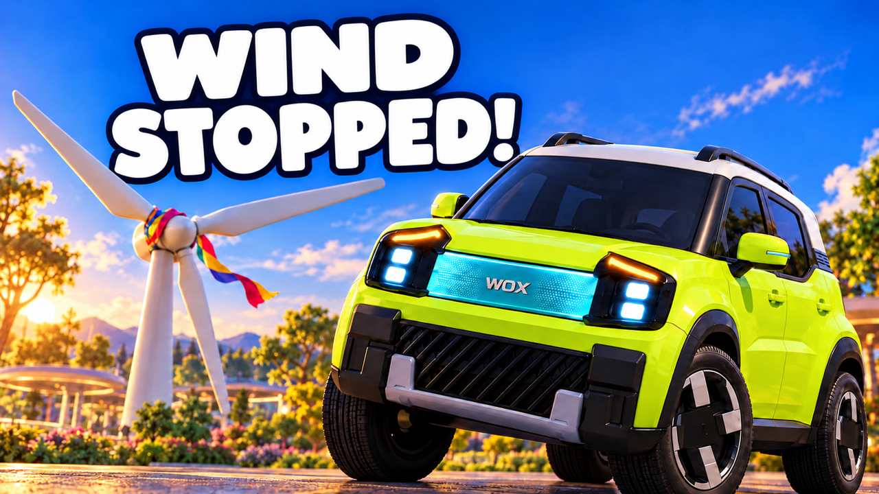 WOX World Episode 2 — Pixel stands beside a wind turbine decorated with colourful ribbons against a bright blue sky
