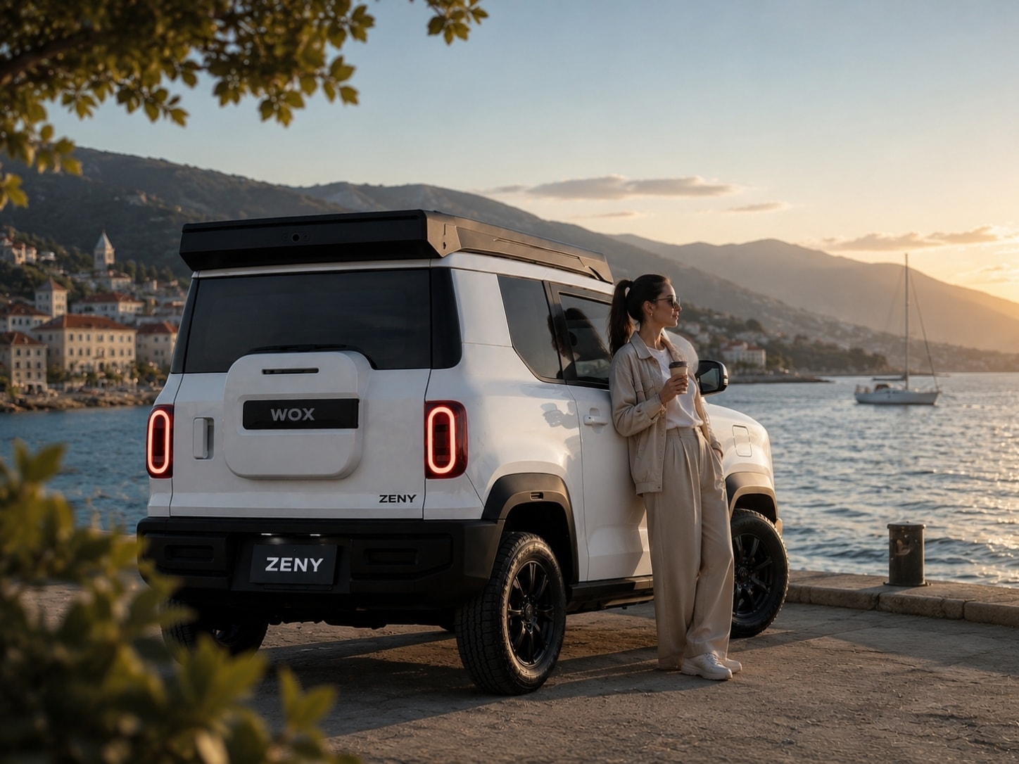 WOX ZENY Pearl White solar electric vehicle — direct front view showing compact urban dimensions