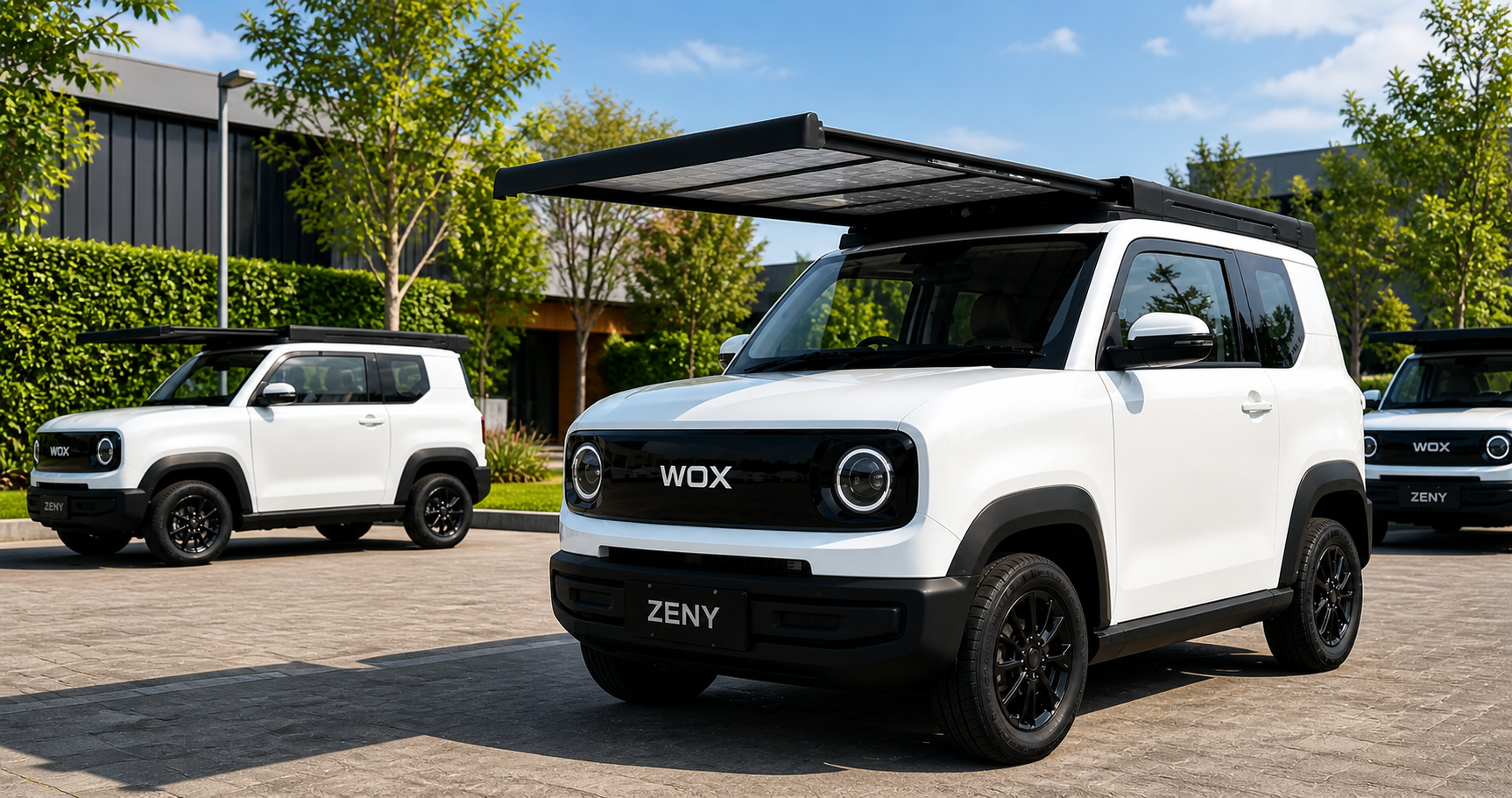 WOX ZENY solar electric vehicle outdoor shoot — front three-quarter view