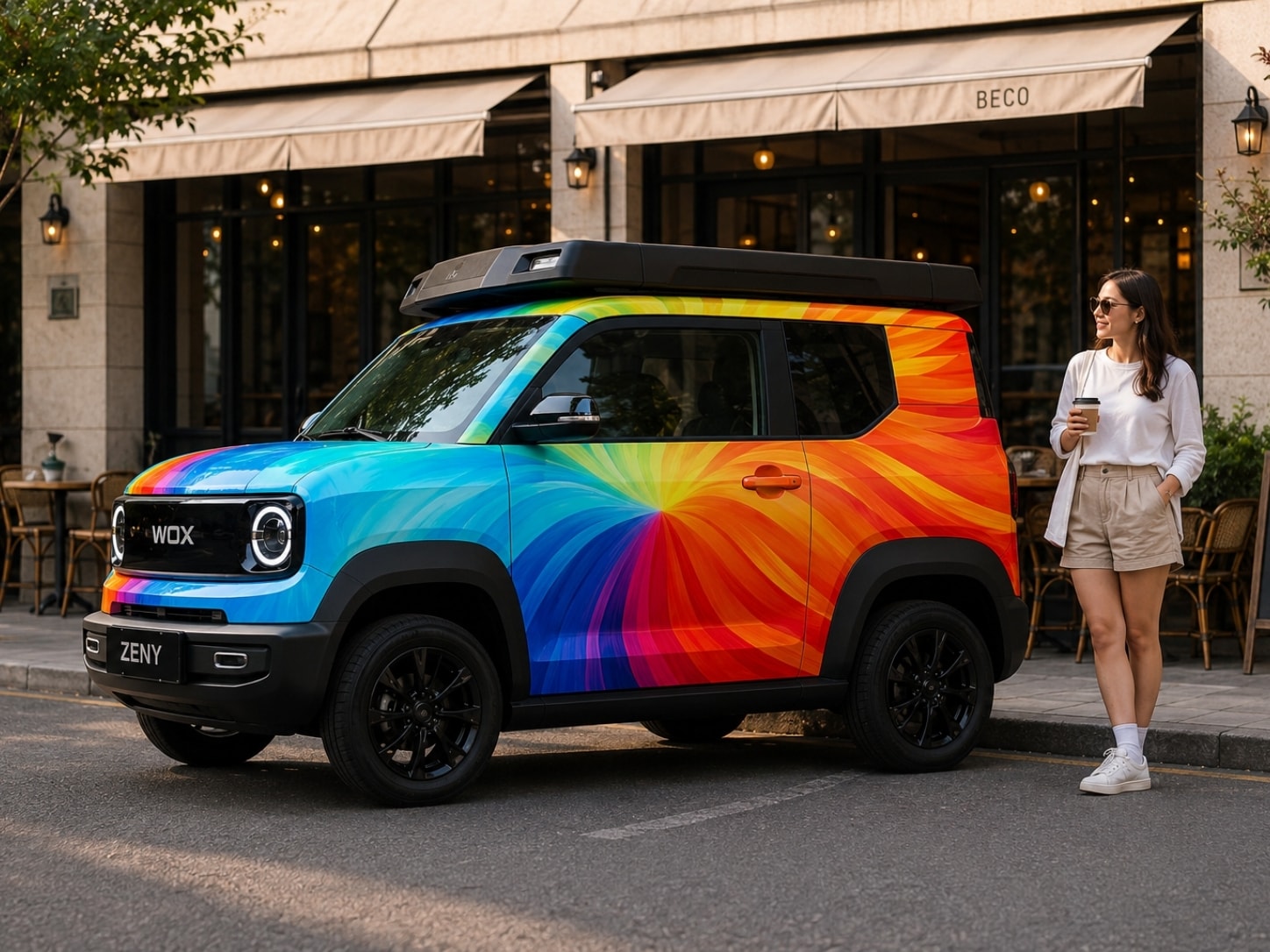 WOX ZENY interior — LHD configuration with customizable design panel, rear radar and rearview camera