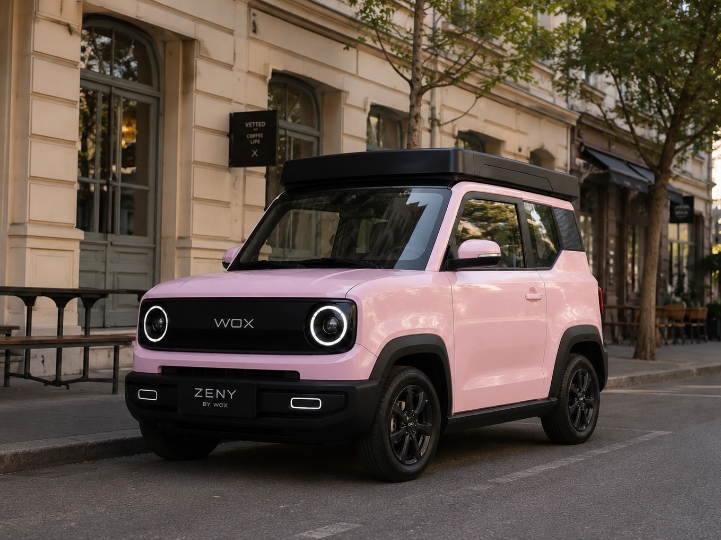 WOX ZENY Blossom Pink on a Paris street — compact electric city car