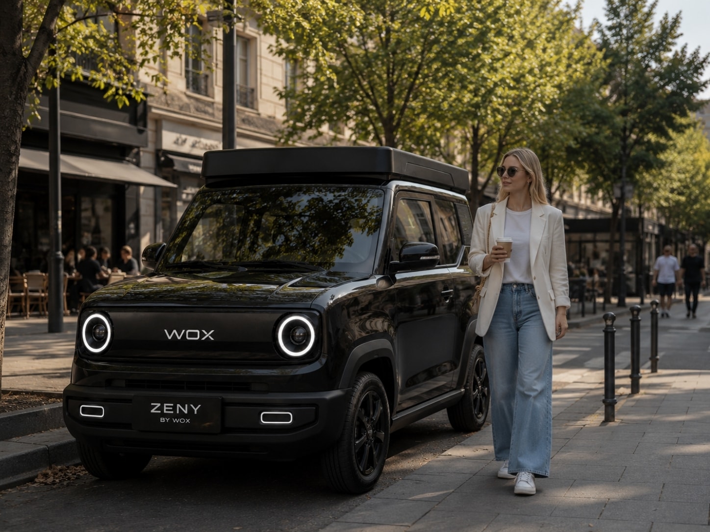 WOX ZENY Pearl White parked at a modern home — urban electric vehicle lifestyle